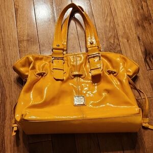 Dooney & Bourke Patent Leather Satchel Tote Bag Yellow Orange Large Logo Plate